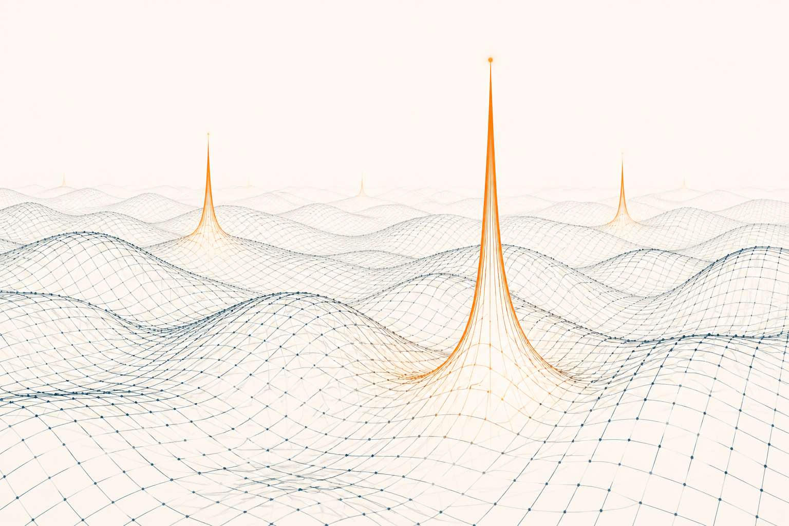 A sparse infinite wave graph with isolated orange peaks rising above hills and valleys